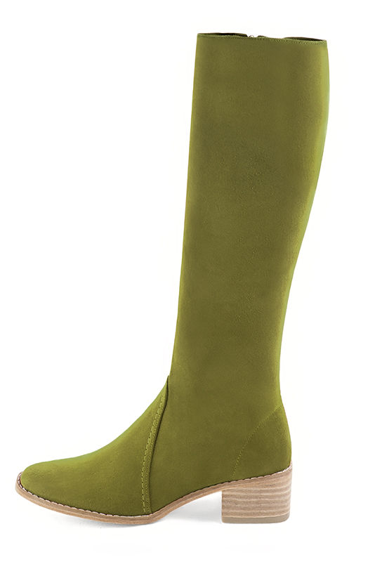 Pistachio green women's riding knee-high boots. Round toe. Low leather soles. Made to measure. Profile view - Florence KOOIJMAN